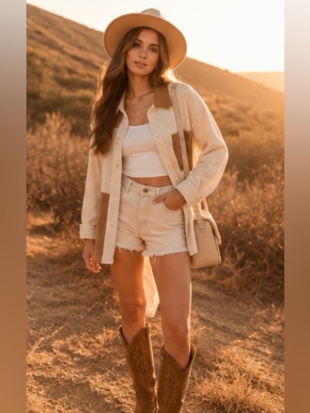 Colorblock Corduroy Shacket Oversized Boho Western Shirt Chic Neutral Jacket, S - Picture 5 of 11
